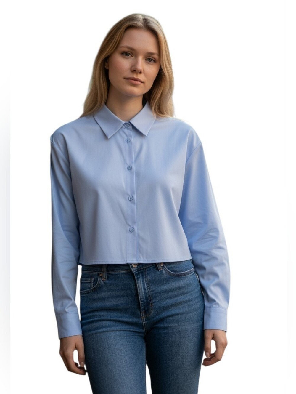 Shein Cotton Blend Baby Blue Cropped Button Up Blouse Top 8/10